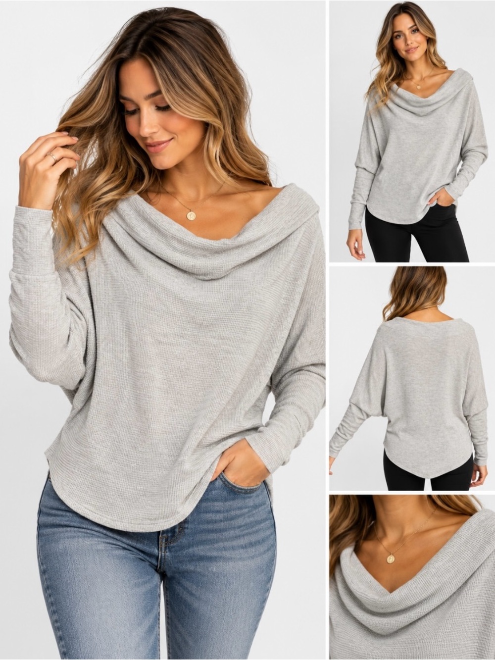 We The Free Free People XS Gray Waffle Knit Slouchy Cowl Neck Dolman Top